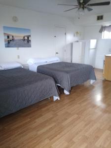 sypialnia z 2 łóżkami i wentylatorem sufitowym w obiekcie Nautical Motel w mieście Hampton