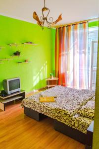 a green bedroom with a bed and a television at Квартира по улице Цитадельная 4 in Kyiv