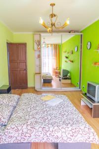 a bedroom with a large bed and a mirror at Квартира по улице Цитадельная 4 in Kyiv