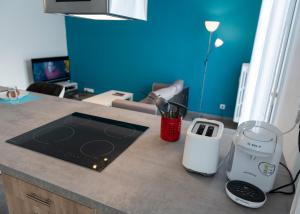 een aanrecht met een aanrecht met een blender bij Appart'Hôtel de la Gare in Montbéliard