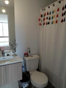 a bathroom with a toilet and a sink and a shower curtain at Parque Mirador II - 3 Dormitorios - Excelente vista in Viña del Mar