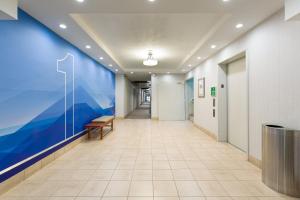 un couloir dans un hôpital avec un mur bleu dans l'établissement Holiday Inn Express San Jose Airport, an IHG Hotel, à Alajuela
