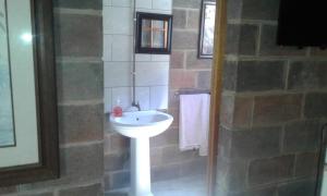 a bathroom with a white sink and a shower at Lothian rd Cottage in Durban