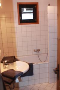 un bagno con lavandino e doccia con finestra di Ferienwohnung Salburg, Sonnleitn a Hermagor