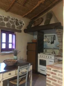 a kitchen with a stove and a table with a table sidx sidx at holiday home su Niberalzu in Monti