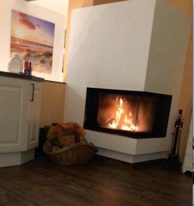 a fireplace in a living room with a fire in it at Goitzsche Resort in Bitterfeld