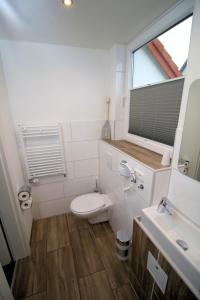 a bathroom with a toilet and a sink and a window at Haus Bomhoff Sylt in Westerland (Sylt)