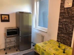 eine Küche mit einem Kühlschrank, einem Tisch und einem Fenster in der Unterkunft Ferienwohnung Uniklinik Mainz in Mainz