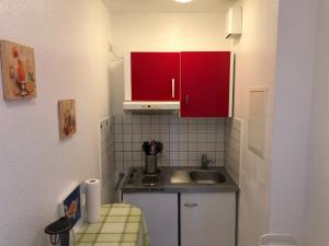 een kleine keuken met rode kasten en een spoelbak bij Apartment Uniklinik Mainz in Mainz