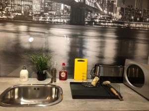 encimera de cocina con fregadero y microondas en New York Loft - Fully equipped and available long-term - Perfect location IN city center, en Namur