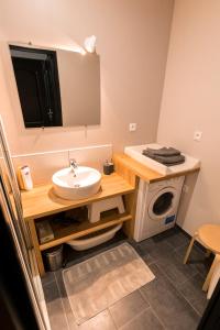 a bathroom with a sink and a washing machine at Au détour des Places in Arras