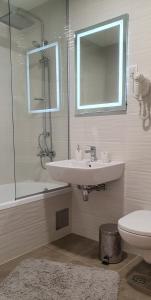 a bathroom with a sink and a toilet and a mirror at Reset Apartment in Novi Sad