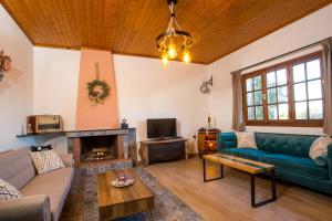 a living room with a couch and a fireplace at Old Nest House in Sálakos