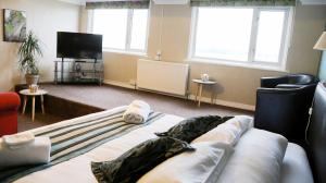 a living room with a couch and a tv at Avarest House BB Adults Only in Portrush