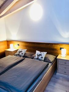 1 dormitorio con 2 camas y 2 mesitas de noche en Appartamenti Clelia, en Pellizzano