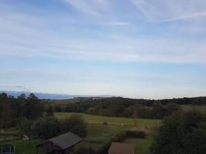 uma vista para um campo com uma casa e árvores em Ferienwohnung Nauwies em Nohfelden