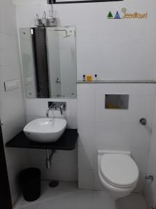 uma casa de banho com um lavatório, um WC e um espelho. em Jeenmount Heritage Boutique Hotel em Jaipur