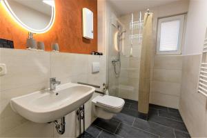 a bathroom with a sink and a toilet and a mirror at Ferienwohnung Freya in Gelbensande