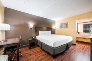 a hotel room with a bed and a desk and a computer at Econo Lodge in Columbus