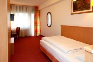 a hotel room with a bed and a window at Mariaweiler Hof in Düren - Eifel