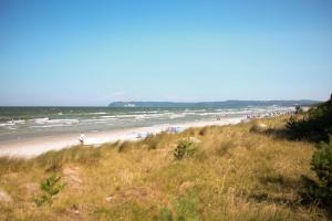 un grupo de personas en una playa con el océano en Strandresidenz Appartement Haubentaucher G22, en Binz