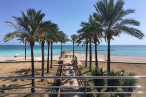 a row of palm trees on a beach with the ocean at APARTAMENTO LA UNIÓN in Castellón de la Plana