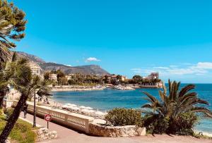 een uitzicht op een strand met palmbomen en de oceaan bij Hotel Select in Beaulieu-sur-Mer