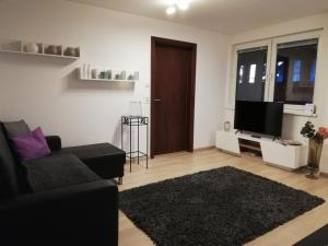 a living room with a couch and a television at Ferienwohnung Auszeit in Dornbirn