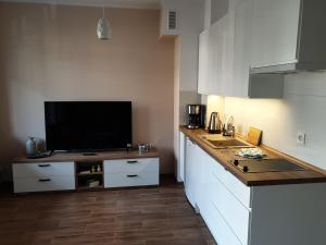 a kitchen with a flat screen tv on a counter at LAGUNA Apartament 23 Willa Leśna in Polanica-Zdrój +9 photos