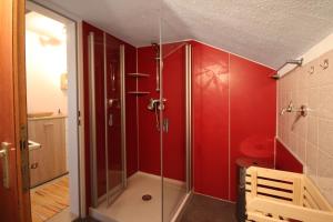 bagno con doccia e pareti rosse di Burgberger Hörnle a Burgberg im Allgäu