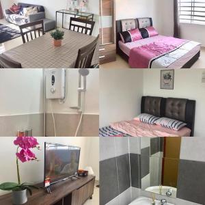 a collage of photos of a bedroom and a living room at ORKED BELLINA, 3 Bedroom apartment, near Pantai Batu Burok, NETFLIXWIFIYOUTUBE in Kuala Terengganu