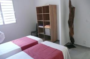 a bedroom with two beds and a book shelf at Douceurs Caraïbes, Gîte Alpinia. in Bouillante