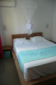 um quarto com uma cama grande com um véu em Douceurs Caraïbes, Gîte Balisier. em Bouillante