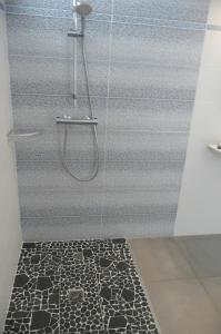 une douche dans une salle de bain avec une porte vitrée dans l'établissement Douceurs Caraïbes, Gîte Papaye., à Bouillante 11 autres photos