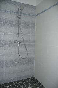 une douche avec pommeau de douche dans une salle de bain dans l'établissement Douceurs Caraïbes, Gîte Coco., à Bouillante