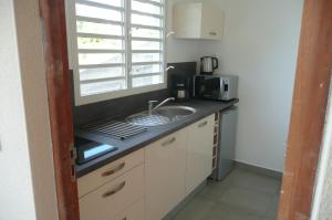una pequeña cocina con fregadero y microondas en Douceurs Caraïbes, Gîte Cannelle, en Bouillante