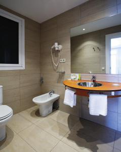 łazienka z umywalką, toaletą i lustrem w obiekcie Hotel Niza w mieście San Sebastián