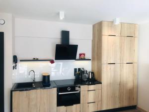 a kitchen with a stove and a wooden cabinet at SKI-Art Apartments in Szczyrk