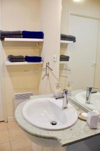 een badkamer met een witte wastafel en een spiegel bij Appart Chrystal in Carcassonne