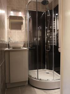 W łazience znajduje się prysznic i umywalka. w obiekcie Chalet La Piste Bleu w mieście Saint-Gervais-les-Bains