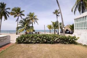 vistas a una playa con palmeras y al océano en Cabaña Badelandia, en Coveñas