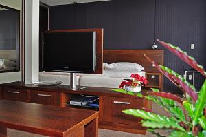 a bedroom with a bed with a television on a desk at Glass House Kosice in Košice