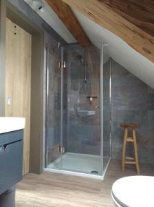 La salle de bains mansardée est pourvue d'une douche en verre. dans l'établissement B&B Landhof Schober, à Weißbriach