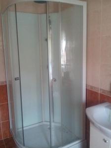 a shower with a glass door in a bathroom at Эко отель и баня in Kosharishche