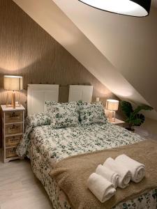 托爾德西拉斯的住宿－Apartamento "RASCALINDES"，一间卧室配有一张床,上面有两条毛巾