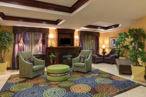 a living room with chairs and a fireplace at Holiday Inn Express Tower Center New Brunswick, an IHG Hotel in East Brunswick