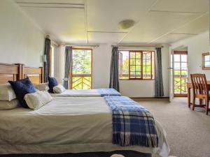 1 dormitorio con 1 cama grande y 2 ventanas en Wyndford Holiday Farm en Fouriesburg