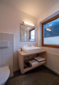 Appartements Falkner Dorli في أوتز: حمام مع حوض ومرآة ومرحاض
