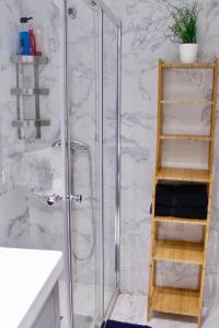 bagno con doccia e porta in vetro di Exclusive Apartment in Historic Center a Madrid