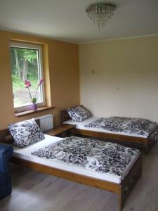 2 camas en una habitación con ventana en Dom nad Bobrem Agatowe Kamyki, en Wleń